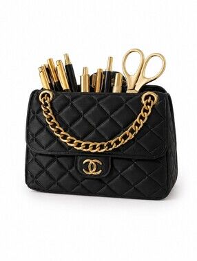 Purse Makeup Brush Holder Vanity Organizer Pen Cup Quilted Black Handbag Decor